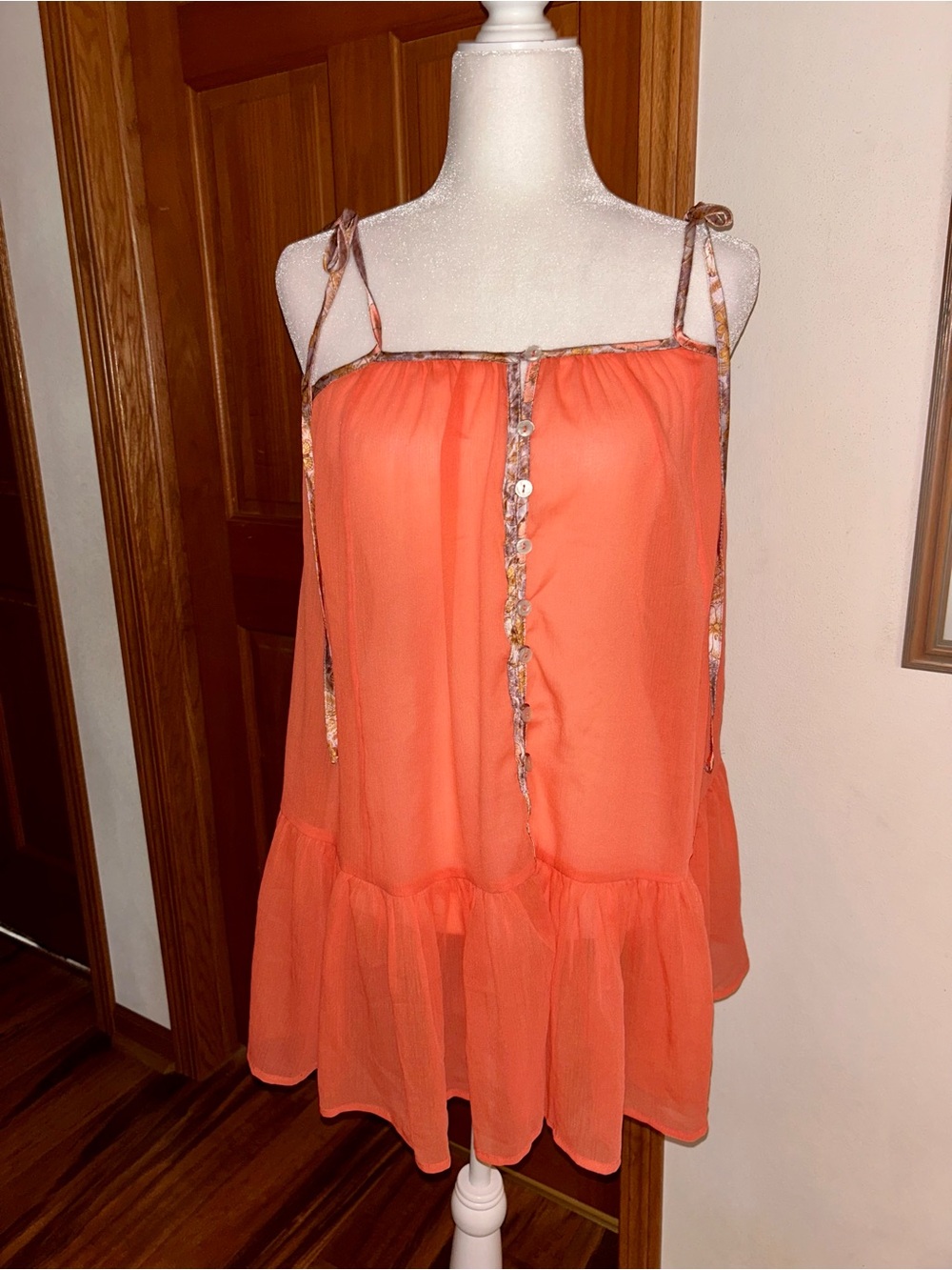 Free People Intimate Lightweight Sheer Orange Tie-Strap Ruffle-Hem Camisole
